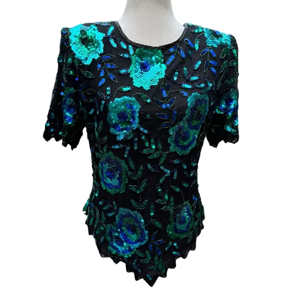 Laurence Kazar Vintage Sequin Silk Beaded Top Medium Floral Glam 80s 90s Party - Picture 11 of 15
